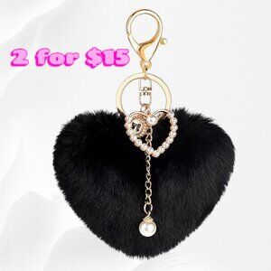 Classy Black Fur Heart Pom-Pom Pearl Accented Large Key Chain Bag Charm